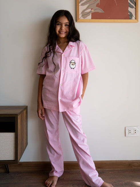Girls Summer Sheep PJ Set Rose Buttoned Shirt + Pants